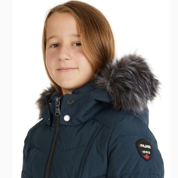 Girls Pajar Navy Midi Hooded Puffer Jacket with Faux Fur - Size 7/8 Like New - Picture 2 of 11